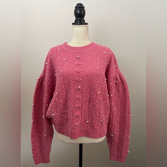 Something Navy Shelby Wool Blend Chunky Cable Knit Pearl Pink Sweater Large - Picture 3 of 8